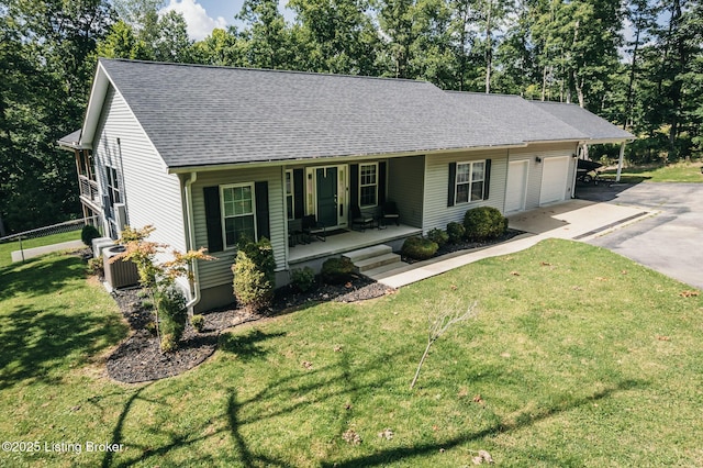 164 Greenshores Circle Ln, Mcdaniels, KY 40152 - ranch-style house with a porch, driveway, an attached garage, a shingled roof, and view of scattered trees