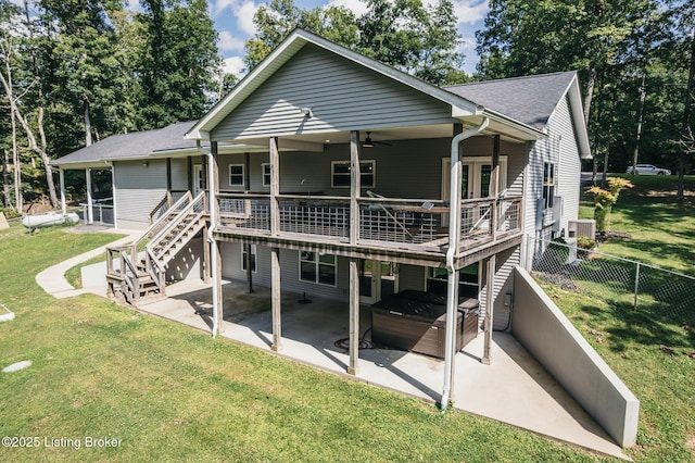 164 Greenshores Circle Ln, Mcdaniels, KY 40152 - rear view of property featuring a patio, a ceiling fan, stairway, a wooden deck, and a hot tub