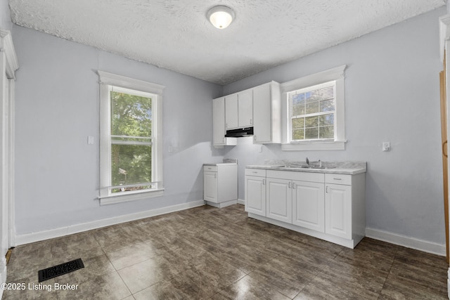 1373 Cypress St, Louisville, KY 40211 - kitchen featuring under cabinet range hood, a textured ceiling, white cabinetry, and light countertops