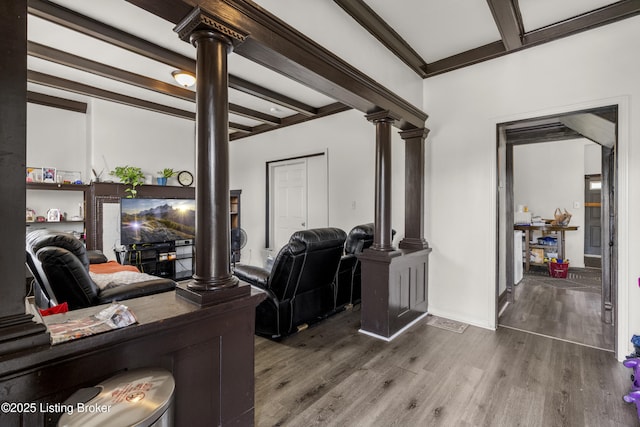 1373 Cypress St, Louisville, KY 40211 - office featuring decorative columns, beam ceiling, and wood finished floors
