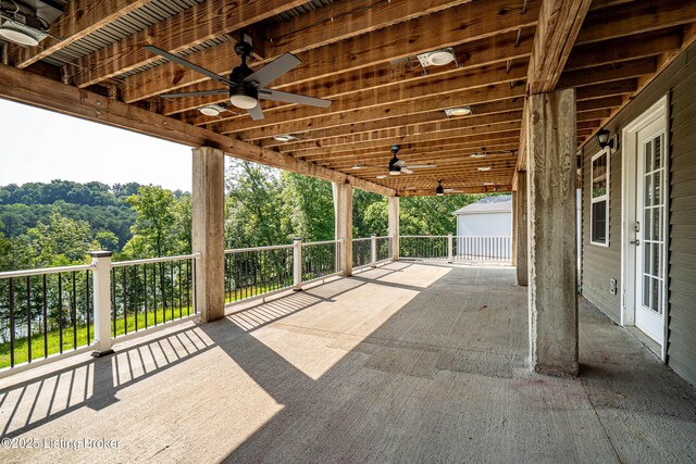 309 Clarks Ln, Clarkson, KY 42726 - view of patio / terrace featuring ceiling fan and an outbuilding