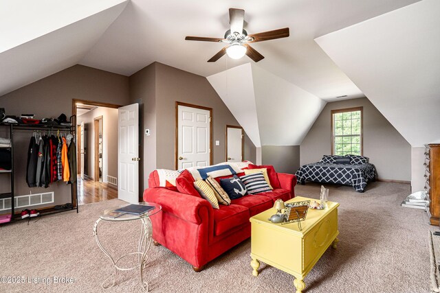 309 Clarks Ln, Clarkson, KY 42726 - living area with carpet floors, lofted ceiling, and a ceiling fan