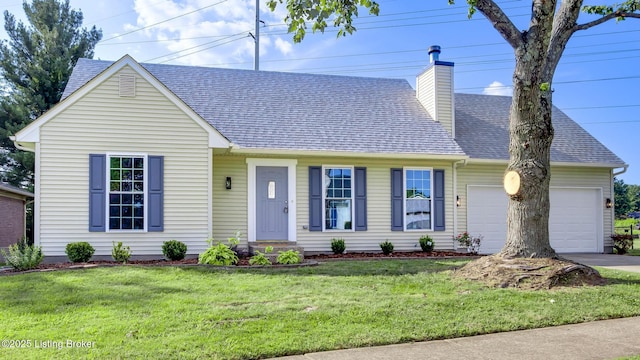 4720 Ferrer Way, Jeffersontown, KY 40299 - view of front of house featuring a garage, a shingled roof, concrete driveway, a front lawn, and a chimney