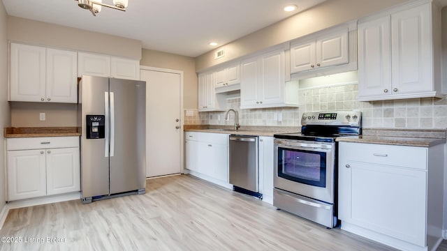 4720 Ferrer Way, Jeffersontown, KY 40299 - kitchen with stainless steel appliances, white cabinets, light wood-style flooring, tasteful backsplash, and recessed lighting