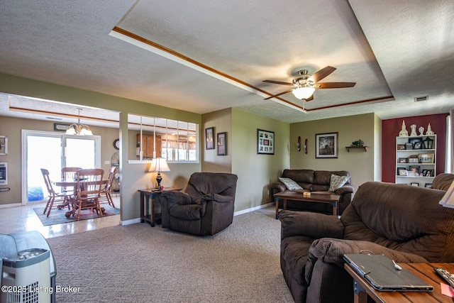 2923 High Plains Rd, Vine Grove, KY 40175 - carpeted living room with a textured ceiling and ceiling fan