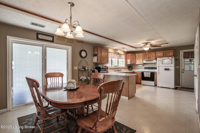2923 High Plains Rd, Vine Grove, KY 40175 - dining room with a textured ceiling, a chandelier, a ceiling fan, a tray ceiling, and light floors