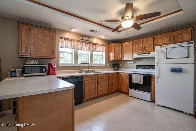 2923 High Plains Rd, Vine Grove, KY 40175 - kitchen featuring freestanding refrigerator, range with electric stovetop, stainless steel microwave, black dishwasher, and under cabinet range hood