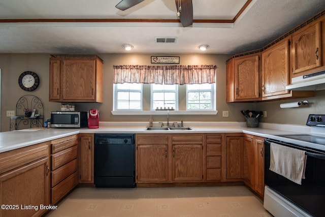 2923 High Plains Rd, Vine Grove, KY 40175 - kitchen featuring range with electric stovetop, dishwasher, under cabinet range hood, stainless steel microwave, and brown cabinetry