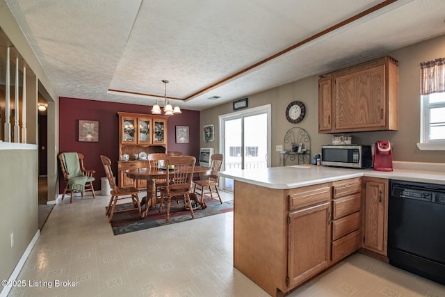 2923 High Plains Rd, Vine Grove, KY 40175 - kitchen with dishwasher, stainless steel microwave, a peninsula, light countertops, and a textured ceiling
