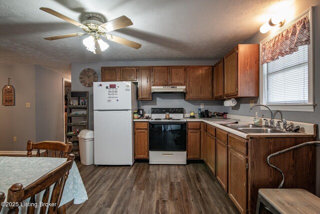 2923 High Plains Rd, Vine Grove, KY 40175 - kitchen featuring white appliances, dark wood finished floors, under cabinet range hood, a textured ceiling, and brown cabinets