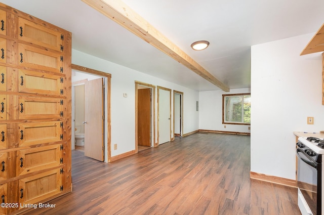 1465 Swope Rd, Owenton, KY 40359 - kitchen with gas stove, beamed ceiling, and wood finished floors