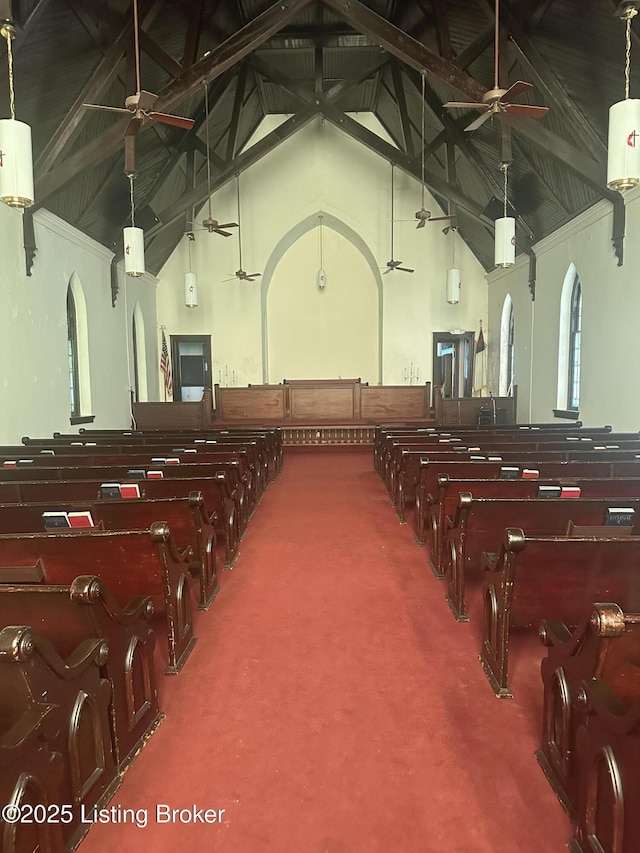 126 Taylorsville Rd, Bloomfield, KY 40008 - miscellaneous room with ceiling fan, carpet floors, high vaulted ceiling, and beamed ceiling