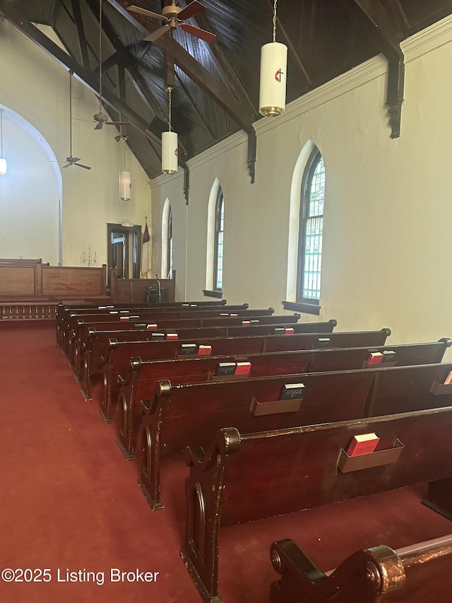 126 Taylorsville Rd, Bloomfield, KY 40008 - miscellaneous room with carpet, a ceiling fan, high vaulted ceiling, and arched walkways
