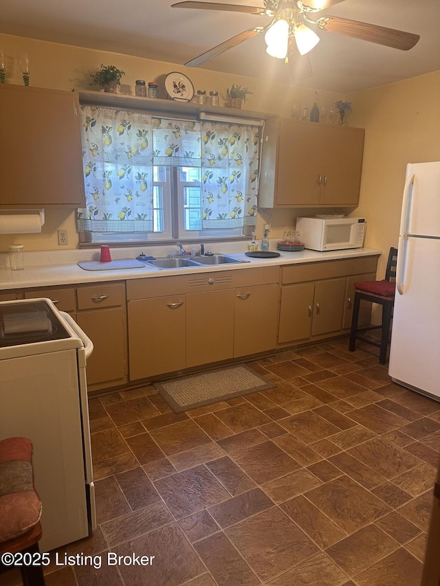 126 Taylorsville Rd, Bloomfield, KY 40008 - kitchen with white appliances, a ceiling fan, and light countertops