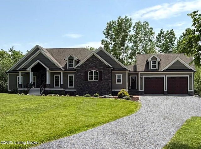 3637 Mount Washington Rd, Taylorsville, KY 40071 - craftsman-style home featuring gravel driveway, a garage, covered porch, and stone siding
