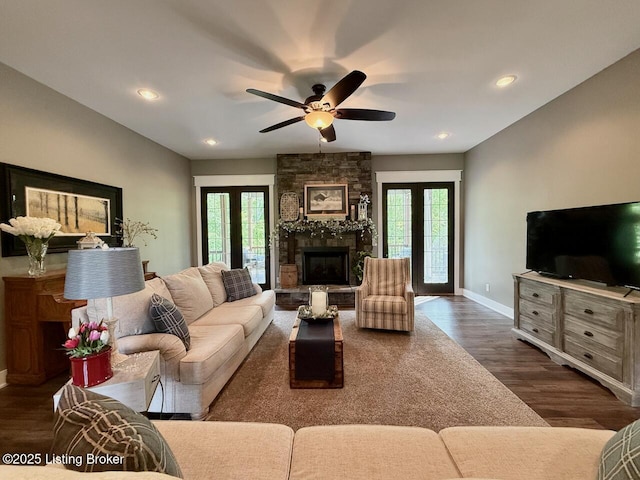 3637 Mount Washington Rd, Taylorsville, KY 40071 - living area with a fireplace, dark wood-type flooring, plenty of natural light, a ceiling fan, and recessed lighting