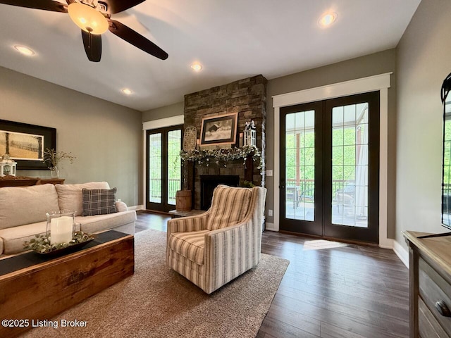 3637 Mount Washington Rd, Taylorsville, KY 40071 - living room featuring french doors, healthy amount of natural light, dark wood-type flooring, and recessed lighting
