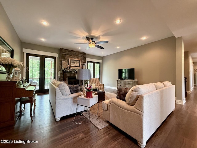 3637 Mount Washington Rd, Taylorsville, KY 40071 - living area with a stone fireplace, dark wood finished floors, a ceiling fan, and recessed lighting