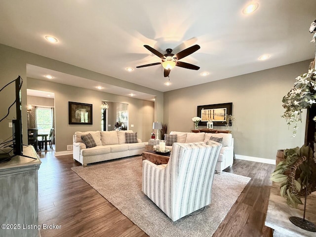 3637 Mount Washington Rd, Taylorsville, KY 40071 - living area with a ceiling fan, recessed lighting, and dark wood-style flooring