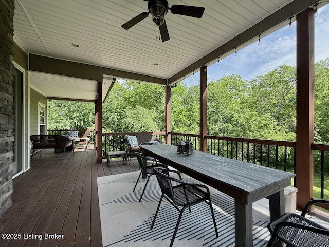 3637 Mount Washington Rd, Taylorsville, KY 40071 - wooden deck with outdoor dining space, an outdoor hangout area, and ceiling fan