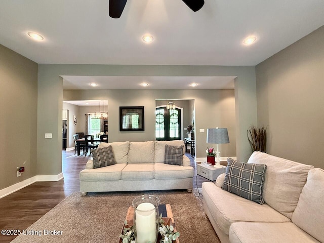 3637 Mount Washington Rd, Taylorsville, KY 40071 - living area with a ceiling fan, dark wood finished floors, recessed lighting, healthy amount of natural light, and a chandelier