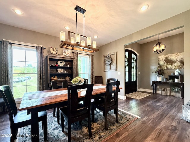3637 Mount Washington Rd, Taylorsville, KY 40071 - dining room featuring a chandelier, dark wood-type flooring, and recessed lighting