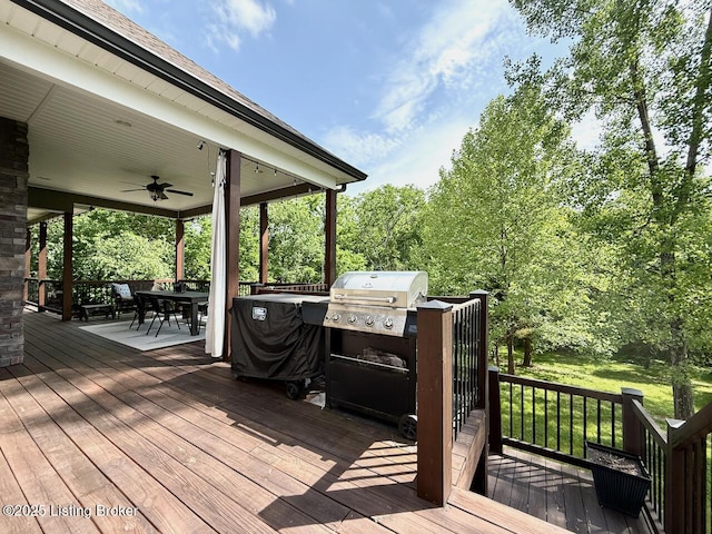 3637 Mount Washington Rd, Taylorsville, KY 40071 - wooden deck with ceiling fan, outdoor dining area, and area for grilling