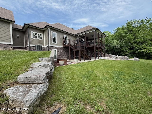 3637 Mount Washington Rd, Taylorsville, KY 40071 - back of property with stairway, a deck, a ceiling fan, stone siding, and a patio area