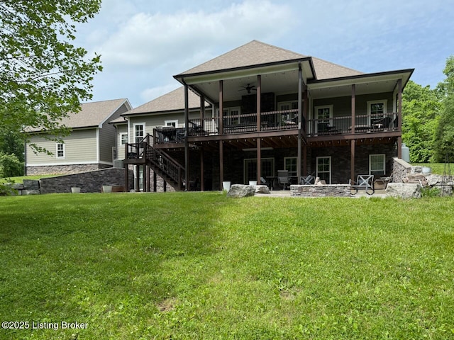 3637 Mount Washington Rd, Taylorsville, KY 40071 - rear view of property with stone siding, a deck, ceiling fan, a yard, and a shingled roof
