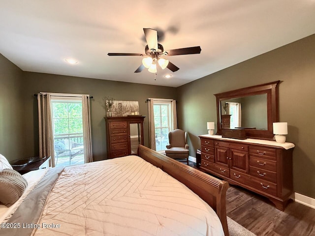 3637 Mount Washington Rd, Taylorsville, KY 40071 - bedroom featuring access to exterior, dark wood-type flooring, multiple windows, ceiling fan, and recessed lighting