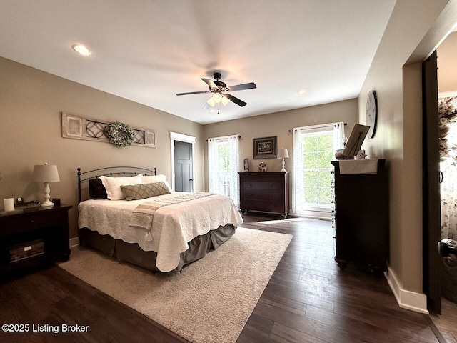 3637 Mount Washington Rd, Taylorsville, KY 40071 - bedroom with dark wood-style floors, access to exterior, recessed lighting, and a ceiling fan