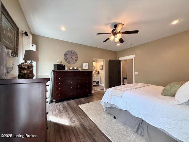 3637 Mount Washington Rd, Taylorsville, KY 40071 - bedroom with dark wood-type flooring, recessed lighting, ceiling fan, and ensuite bath