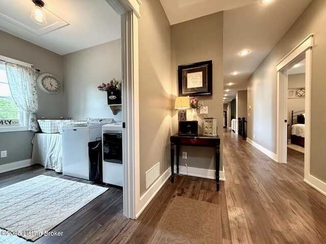 3637 Mount Washington Rd, Taylorsville, KY 40071 - foyer with washing machine and dryer, dark wood finished floors, and recessed lighting