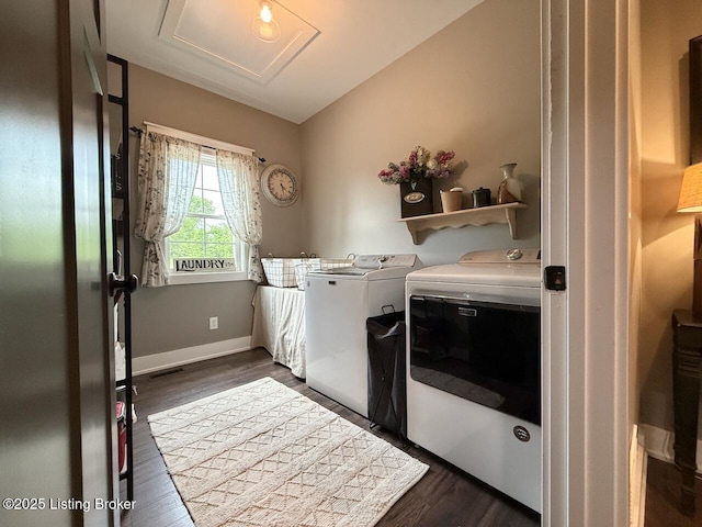 3637 Mount Washington Rd, Taylorsville, KY 40071 - washroom featuring separate washer and dryer, dark wood-style floors, and attic access