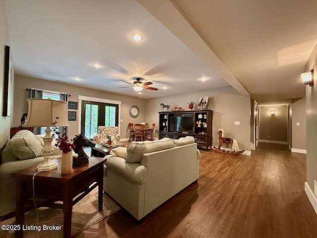 3637 Mount Washington Rd, Taylorsville, KY 40071 - living area with a ceiling fan, wood finished floors, and recessed lighting