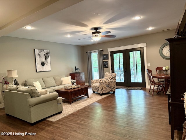 3637 Mount Washington Rd, Taylorsville, KY 40071 - living room featuring french doors, ceiling fan, wood finished floors, and recessed lighting