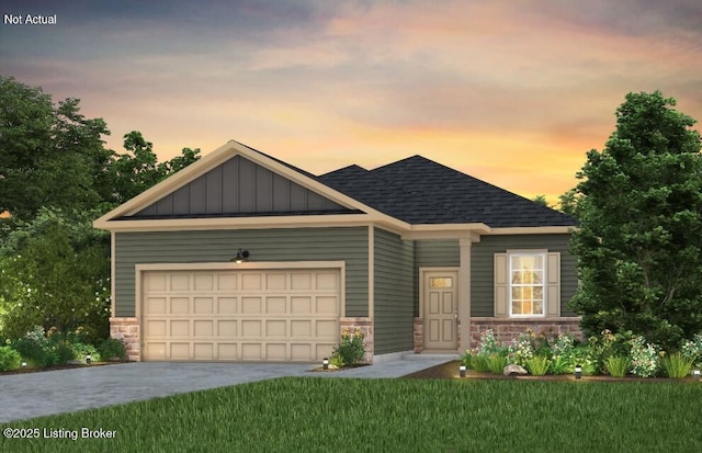 16813 Aiken Ridge Cir, Louisville, KY 40245 - craftsman inspired home with stone siding, concrete driveway, an attached garage, a front yard, and a shingled roof