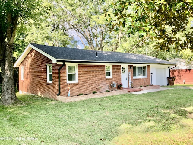 444 Lagrange Rd, New Castle, KY 40050 - ranch-style house featuring brick siding, an attached garage, a front yard, and roof with shingles