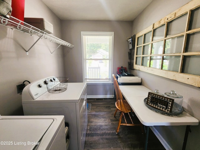 12630 Orell Station Pl, Louisville, KY 40272 - laundry area with washing machine and clothes dryer, dark wood-style flooring, and an office area