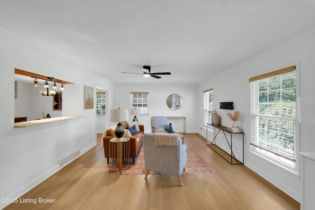 3407 Hillsboro Rd, Louisville, KY 40207 - living room with crown molding, light wood-type flooring, and a ceiling fan
