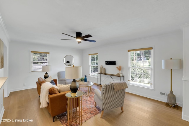 3407 Hillsboro Rd, Louisville, KY 40207 - living room featuring light wood-style floors, a ceiling fan, and ornamental molding