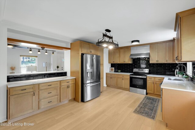 3407 Hillsboro Rd, Louisville, KY 40207 - kitchen with appliances with stainless steel finishes, tasteful backsplash, light wood-style flooring, and light brown cabinets