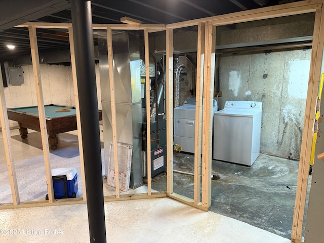 3510 Ethelwood Dr, Jeffersontown, KY 40299 - unfinished basement featuring electric panel, pool table, separate washer and dryer, and heating unit