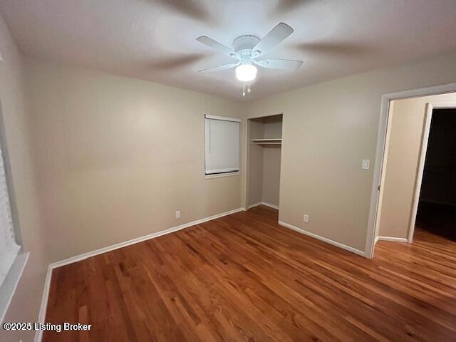 3510 Ethelwood Dr, Jeffersontown, KY 40299 - unfurnished bedroom featuring wood finished floors, a closet, and a ceiling fan