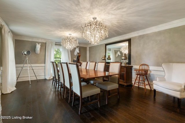 10020 Oak Grove Rd, Louisville, KY 40291 - dining room with a chandelier, hardwood / wood-style flooring, crown molding, and a wainscoted wall