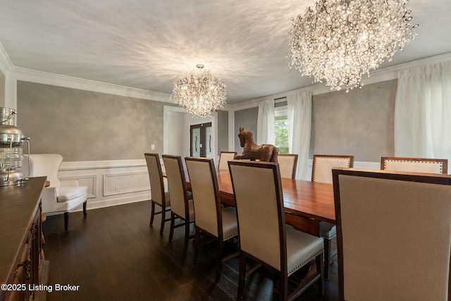 10020 Oak Grove Rd, Louisville, KY 40291 - dining space featuring a chandelier, dark wood-style flooring, a decorative wall, crown molding, and a wainscoted wall
