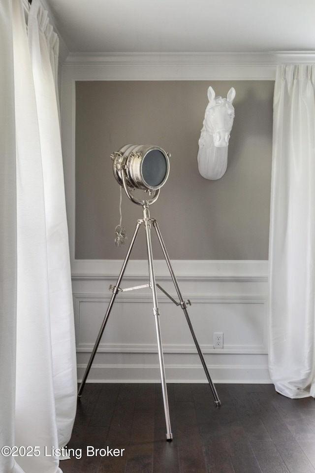 10020 Oak Grove Rd, Louisville, KY 40291 - detailed view of wood finished floors, crown molding, a wainscoted wall, and a decorative wall