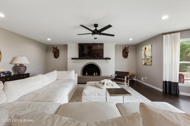 10020 Oak Grove Rd, Louisville, KY 40291 - living area featuring recessed lighting, wood finished floors, a ceiling fan, and a fireplace