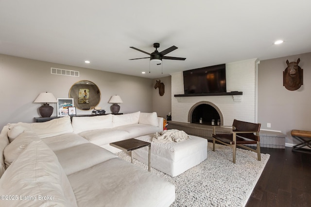 10020 Oak Grove Rd, Louisville, KY 40291 - living room featuring recessed lighting, ceiling fan, a brick fireplace, and dark wood-style floors