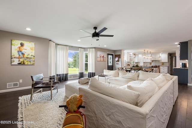 10020 Oak Grove Rd, Louisville, KY 40291 - living area with a ceiling fan, recessed lighting, dark wood-style floors, and a chandelier